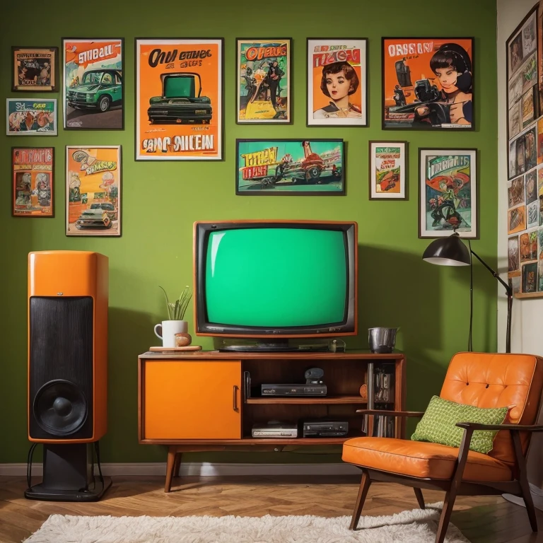 
et in a retro style room, retro 50s TV front, green screen, with a cup of coffee on the side and video game posters behind, orange green and brown colors, girl with short cut hair, realistic
