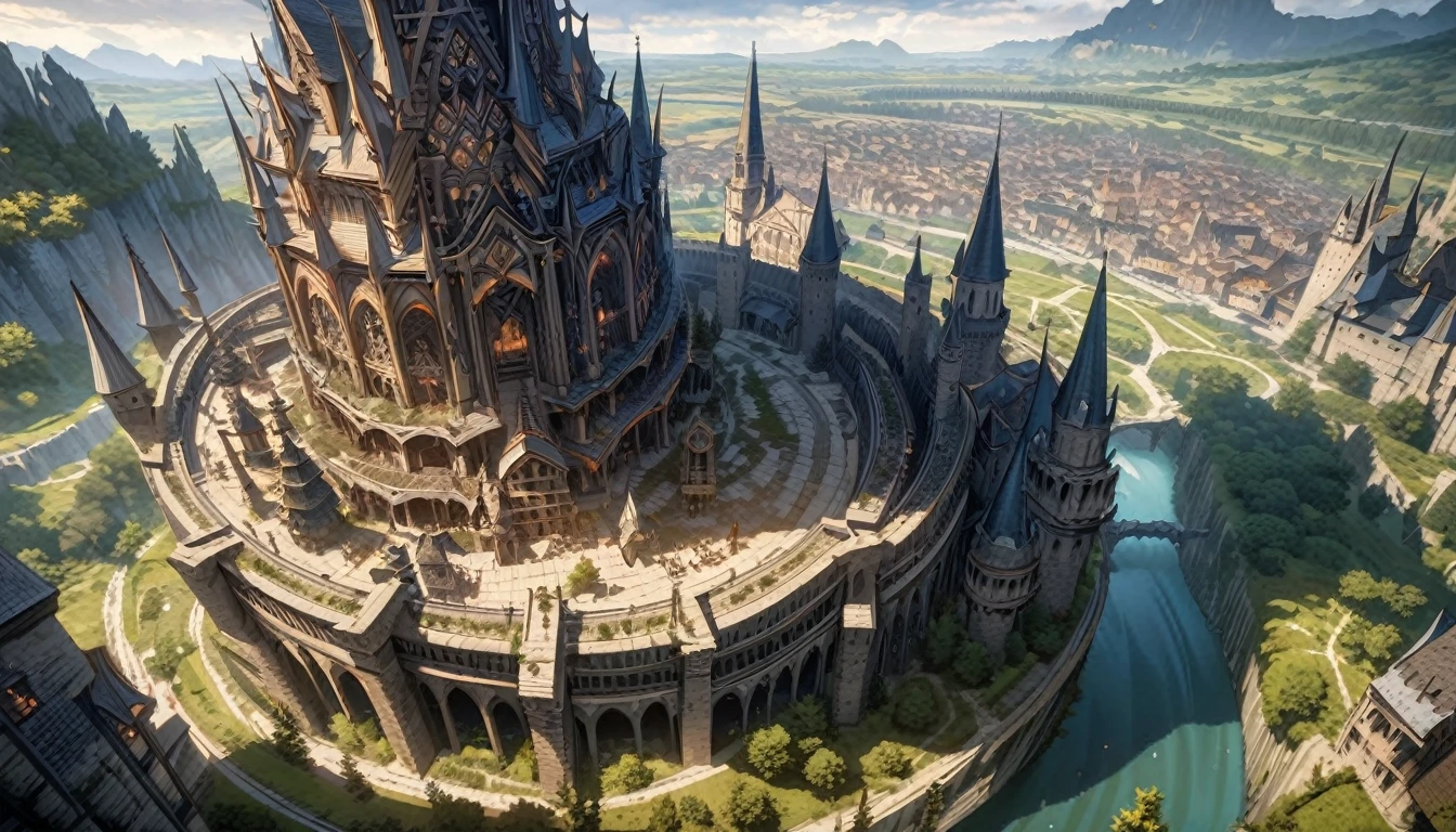 anime scenery, anime aestetics, gigantic castle, huge structure, medieval fantasy architecture, floating platforms, castle of final boss, shadow fortrest, very bright yellow bricks, epic structure, architectural masterpiece, elden ring fanart, elden ring architecture, dark fantasy, wide shot, from above, perspective, atmospheric perspective, highres, 8k, best quality, super detail, award winning, masterpiece