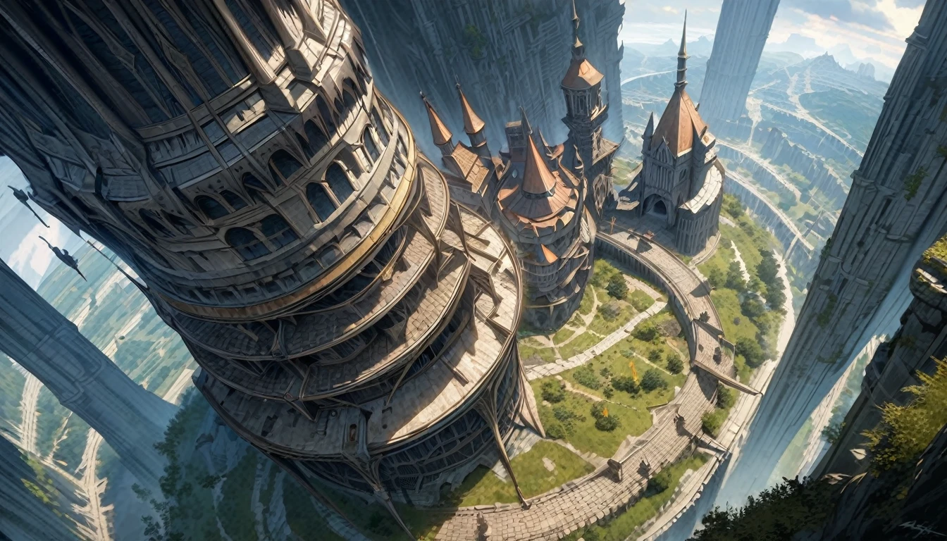 anime scenery, anime aestetics, gigantic castle, huge structure, medieval fantasy architecture, floating platforms, castle of final boss, shadow fortrest, very bright yellow bricks, epic structure, architectural masterpiece, elden ring fanart, elden ring architecture, dark fantasy, wide shot, from above, perspective, atmospheric perspective, highres, 8k, best quality, super detail, award winning, masterpiece