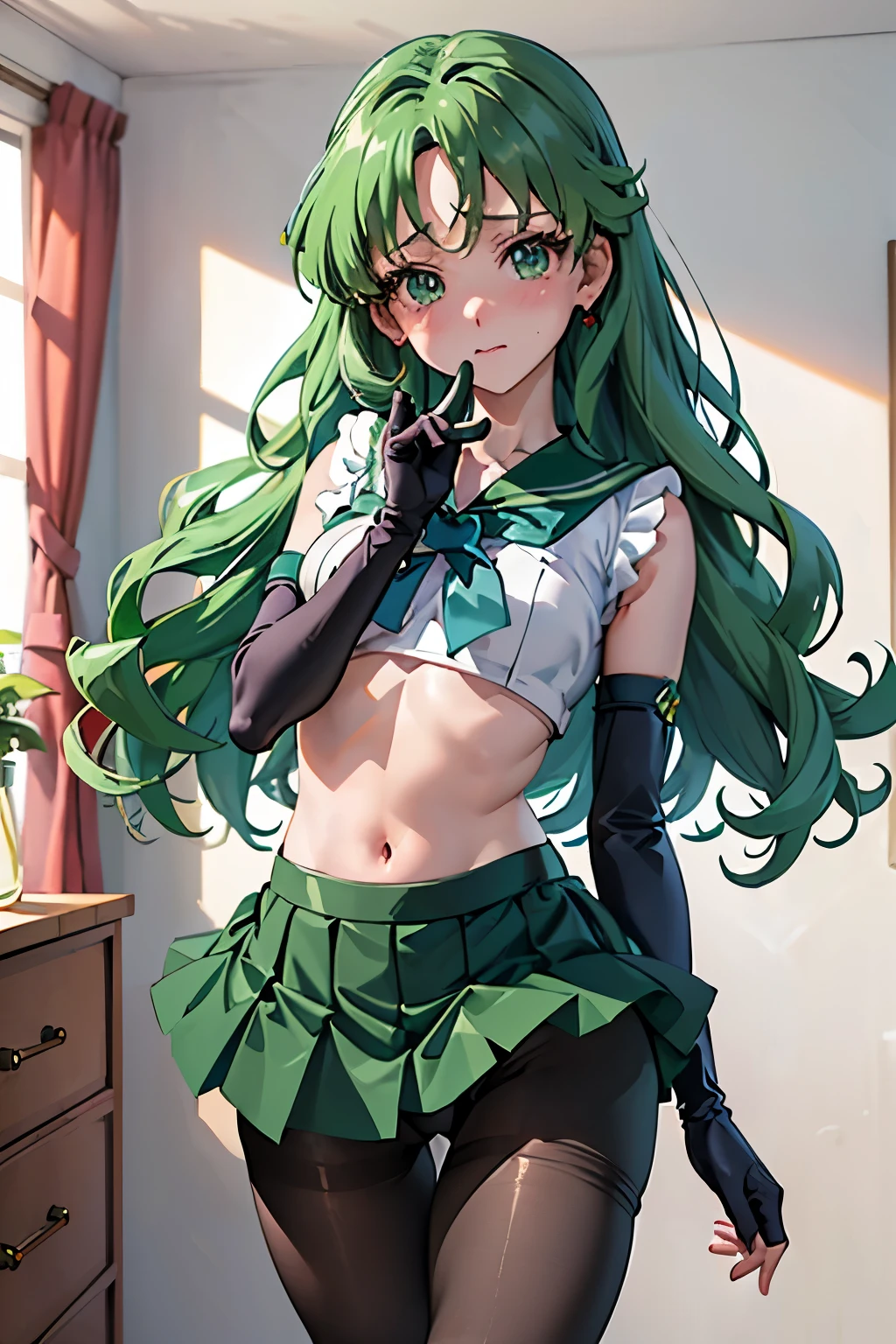 (Highest quality:1.1), (masterpiece:1.4), (Absurd:1.0), 
One Girl, Sailor Neptune、Green Hair、Medium chest、Looking at the audience、Bedroom、(blush:1.2)、Embarrassed expression、(Have a skirt)、((mini skirt))、((pantyhose))、((Long gloves))、((Underhoulder-length gloves)、(Leg spread)