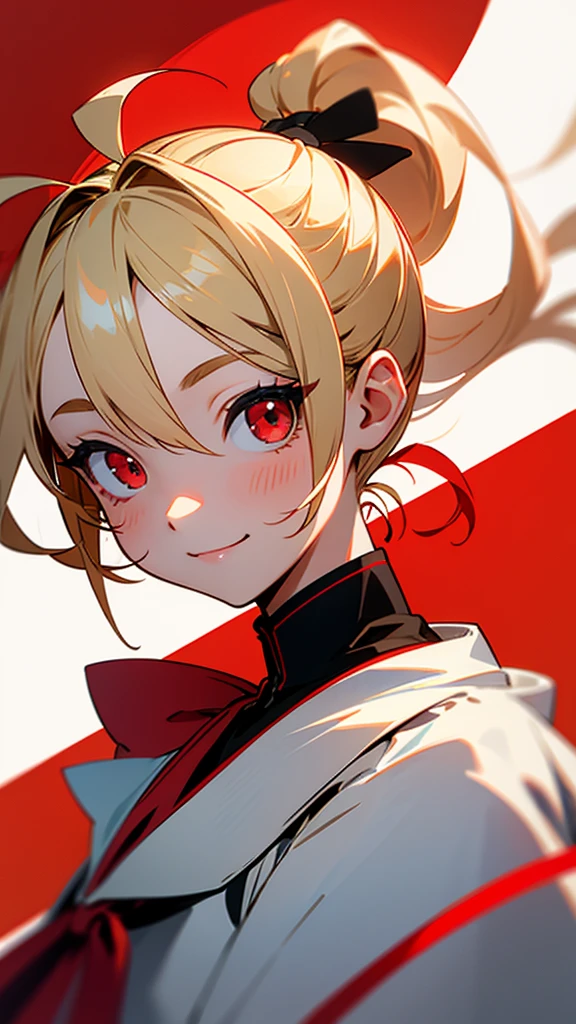 1 girl、Blonde ponytail、Red ribbon、Ahoge、Big round red eyes、smile、From the side、Upper body close-up