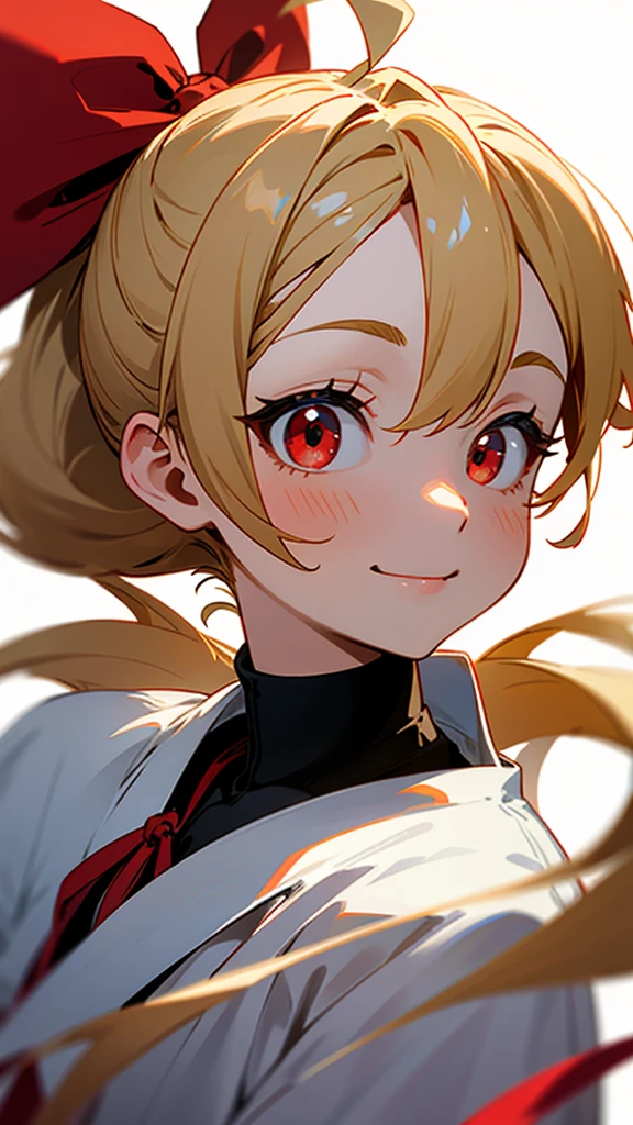 1 Female、Small breasts、Blonde ponytail、Round red eyes、smile、smile、Ahoge、Upper body close-up、A detailed red rider's jacket、Wear a big jacket、Cinematic Light、blue sky、Park Background