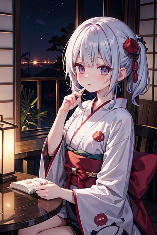 horror anime style, super fine illustration, masterpiece,best quality,highly detailed, dynamic angle, beautiful detailed, 8k, On a summer night, in Japanese-style room,scary ghost is having a feast. BREAK she talk about ghost stories around candles, having a horror time.Break kimono,score up_9,