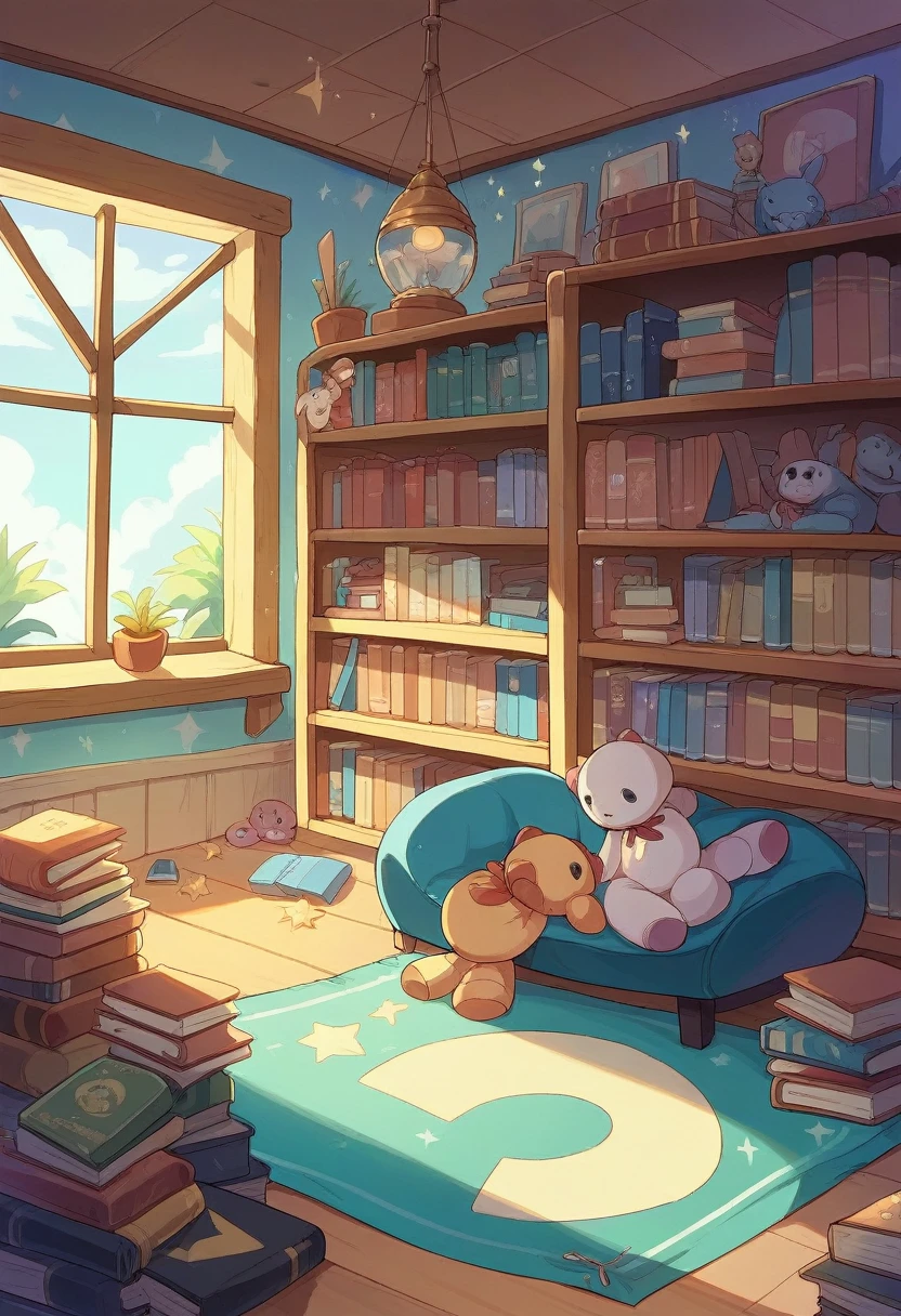 A bookshelf with blue LEDs in the background, a black fleece on the ceiling and two lights hanging on the shelf, various decorations such as pictures, books, dolls and a blue rug on the floor and a mannequin with beachwear in the corner and in front of the shelf a gaming chair