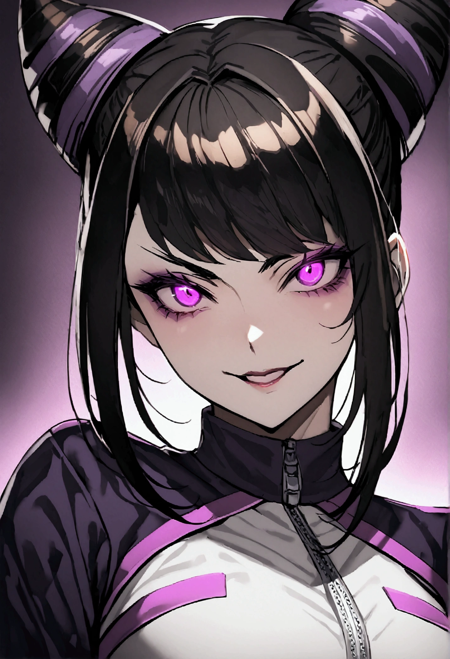 dark eye shadow,shining eyes,beautiful young fitness woman with , in a gym wearing May with black pantyhose, tight white and purple gym jacket. standing alone,hair horns,glowing purple eyes,Evil smile,legging preto ,labiaa,dark eye shadow,shining eyes,close up