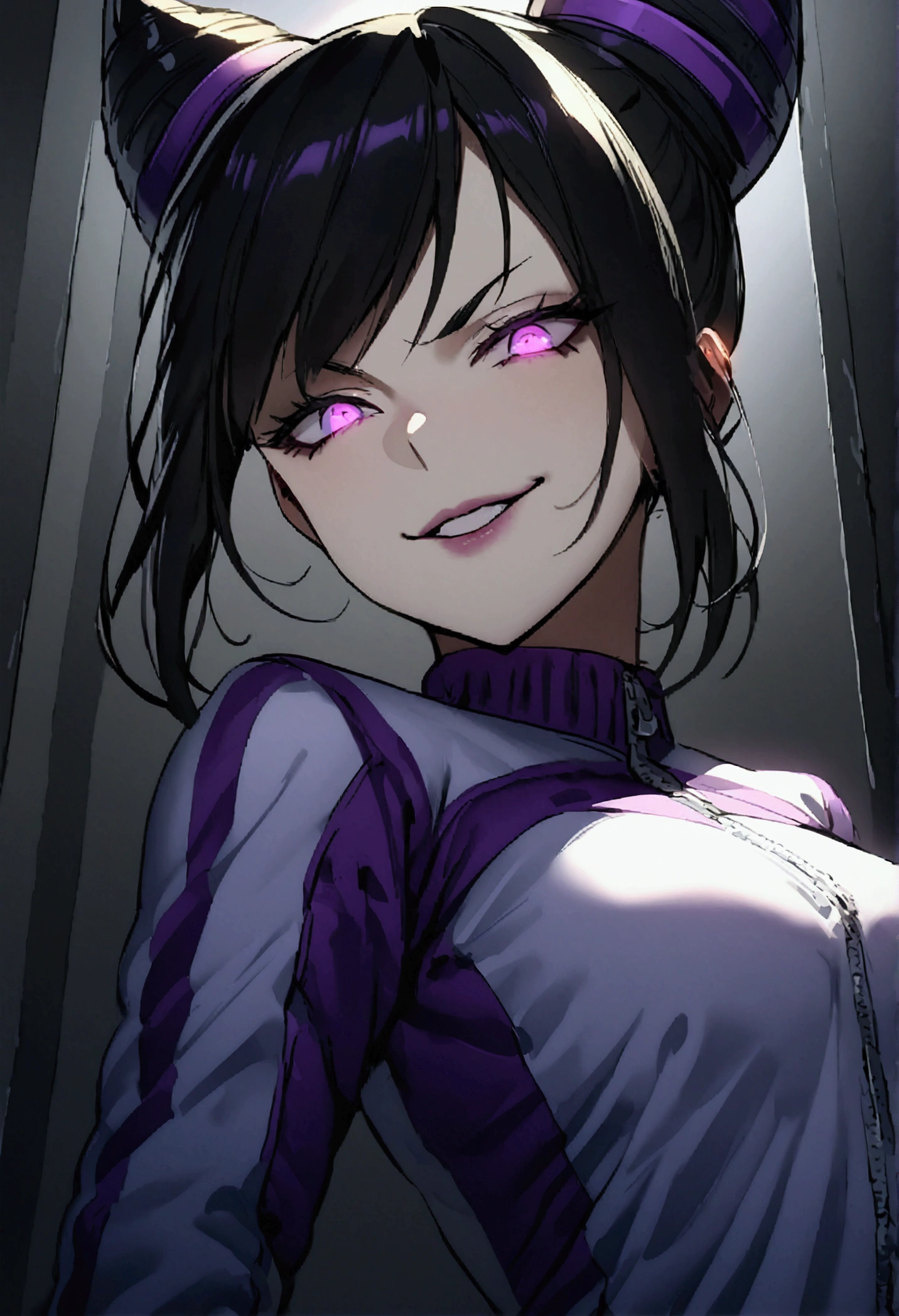 dark eye shadow,shining eyes,beautiful young fitness woman with , in a gym wearing May with black pantyhose, tight white and purple gym jacket. standing alone,hair horns,glowing purple eyes,Evil smile,legging preto ,labiaa,dark eye shadow,shining eyes,close up