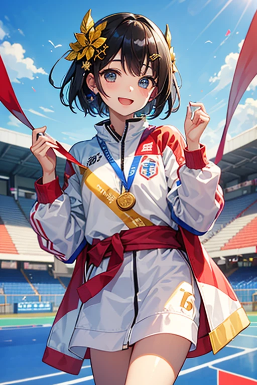 Highest quality、Black Hair、Iris、short hair、girl、cute、、、Small hair ornament、1 person、Japanese Representative、Olympic、Podium、Happy expression、Golden medal、Hanging from the neck、