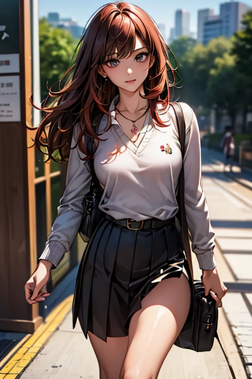 ((Highest quality)),(超High resolution),(Very detailed),(Detailed Description),((The best CG)),(masterpiece),Ultra-detailed art、(Highest quality、8k、32K、masterpiece)、(Realistic)、(Realistic:1.2)、(High resolution)、Very detailed、Very beautiful face and eyes、1 female、Tight waist、Delicate body、(Highest quality、Attention to detail、Rich skin detail)、(Highest quality、8k、Oil paints:1.2)、Very detailed、(Realistic、Realistic:1.37)、Bright coloredium length hair with loose waves、The bangs are straight and fall on the forehead、Red hair))、 Light skin tone、Smooth and healthy skin、
""tops:
Grey cardigan（V-neck）
White polo bottoms:
Plain black skirt（Knee-length）
accessories:
Simple silver necklace casual watch（Leather Band）
shoes:
White sneaker detail:
Small embroidery on the pocket of the cardigan Thin belt on the waist of the skirt Background: School corridor、((Commuting to school:1.6))、Or summer nature scenery""