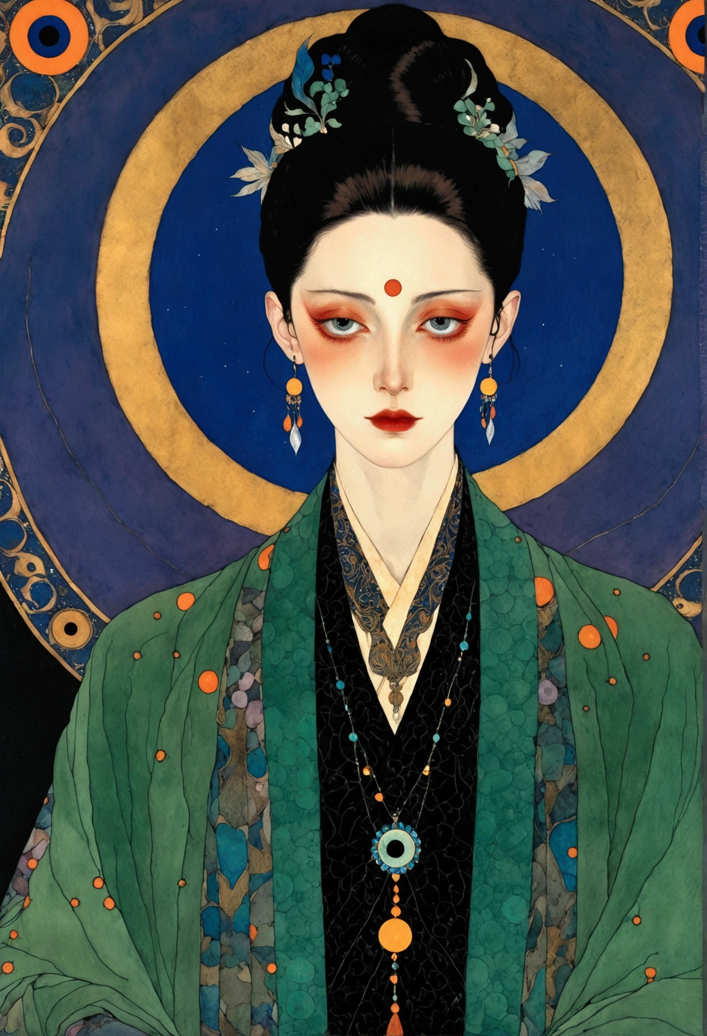 The art of math，Digital Illustration，Drawing，Decorative paintings，Watercolor，(((Harry Clark (Harry Clarke) style,圣地亚哥·卡鲁索style)))，Simple，clean，Fine painting style，(((The third eye on the forehead。short hair，Pointed ears，robe)))，Wide Angle，Black and blue，Solid color background，Human anatomy is correct