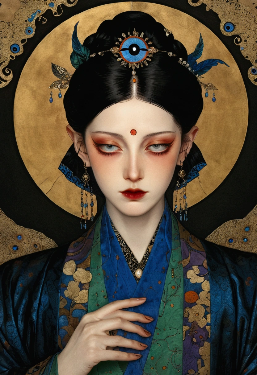 The art of math，Digital Illustration，Drawing，Decorative paintings，Watercolor，(((Harry Clark (Harry Clarke) style,圣地亚哥·卡鲁索style)))，Simple，clean，Fine painting style，(((The third eye on the forehead。short hair，Pointed ears，robe)))，Wide Angle，Black and blue，Solid color background，Human anatomy is correct