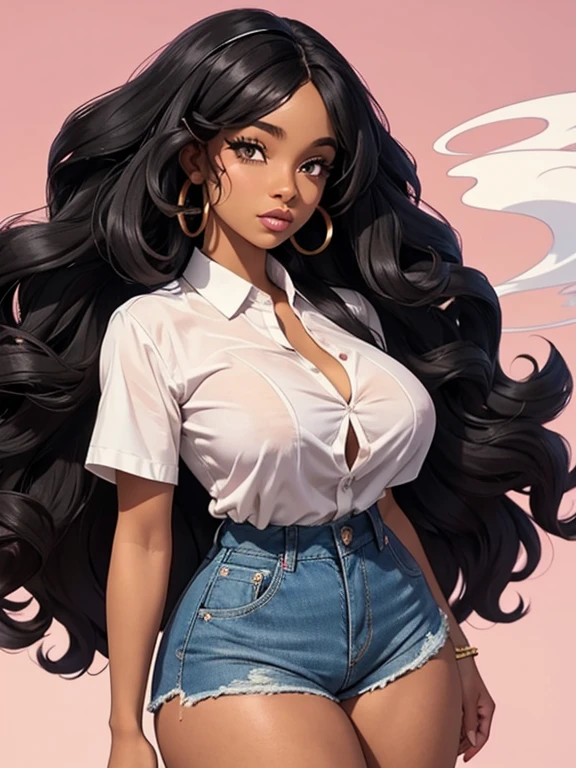 There is a woman with long hair, Light pink background with smoke, from the Dominican Republic , sza, beautiful woman who looks like a doja cat, long curly hair, ☁🌪🌙👩🏾, she is wearing a white blouse and denim shorts , Bblack hair, black long curly hair, jovem negra, milf, voluptuous body, thick-thighs, breasts big