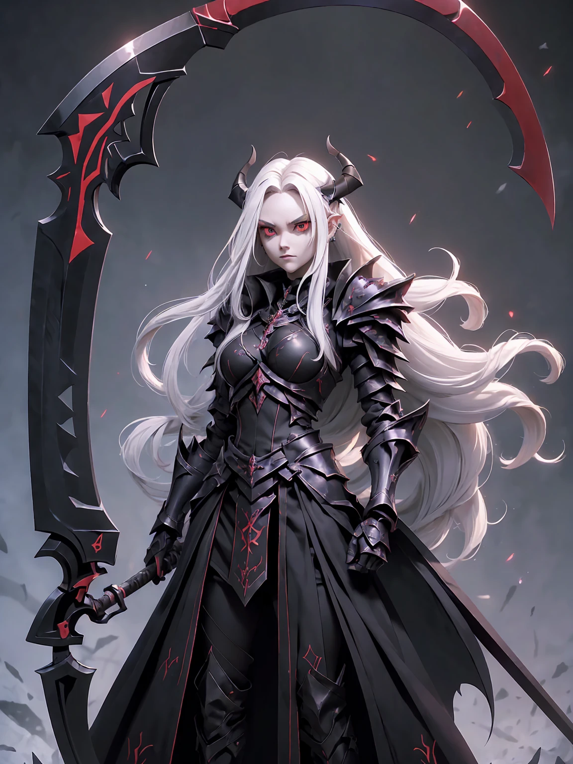 (((Masterpiece, best quality, 16k))) female character with long white hair and piercing red eyes. She wears a demonic armor in purple, black, and white. wields a large, stylized scythe. The character has a menacing expression, with a chaotic environment as the background. ((full body front view)). ((slender)), (extremely detailed:1.5), (long white hair:1.2), (piercing red eyes:1.2), (chaotic environment:1.1), (demonic armor:1.3), (stylized scythe:1.3).