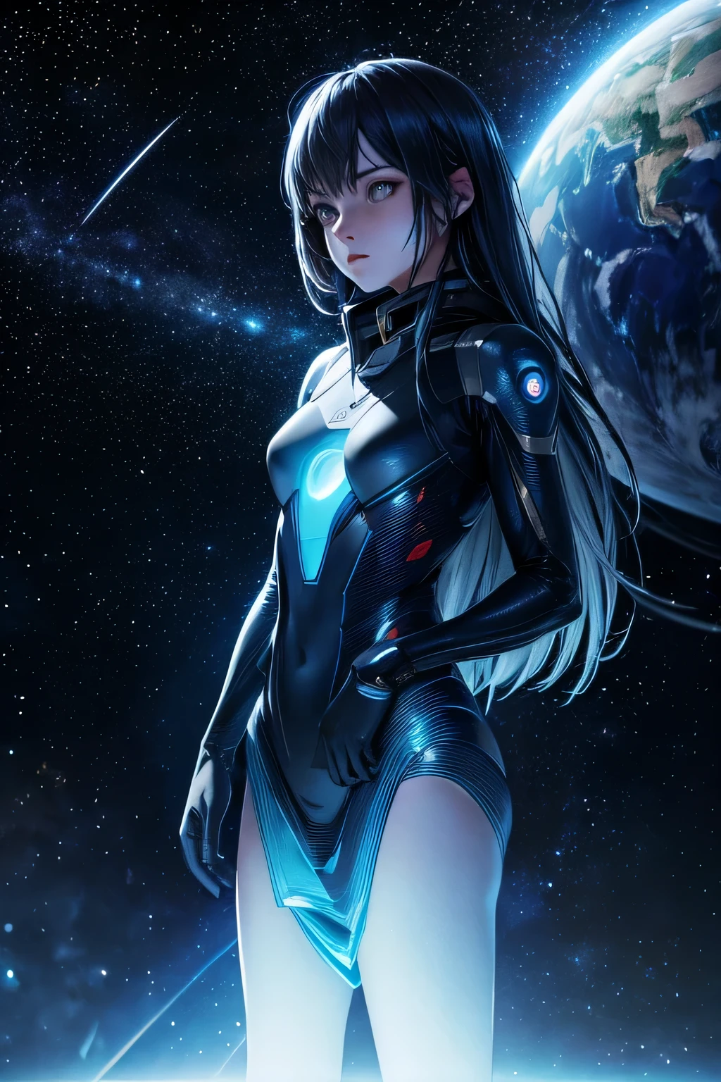 an alien female floating in a spaceship, looking ahead, starry sky with a blue planet in the background, shooting star, space, (realistic face), half body,