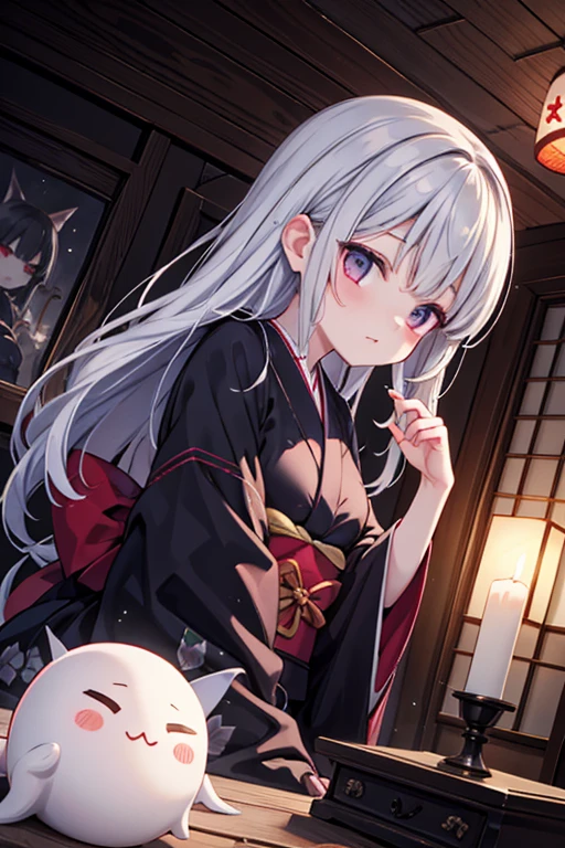 horror anime style, super fine illustration, masterpiece,best quality,highly detailed, dynamic angle, beautiful detailed, 8k, On a summer night, in Japanese-style room,scary ghost is having a feast. BREAK she talk about ghost stories around candles, having a horror time.Break kimono,score up_9,break psychic。