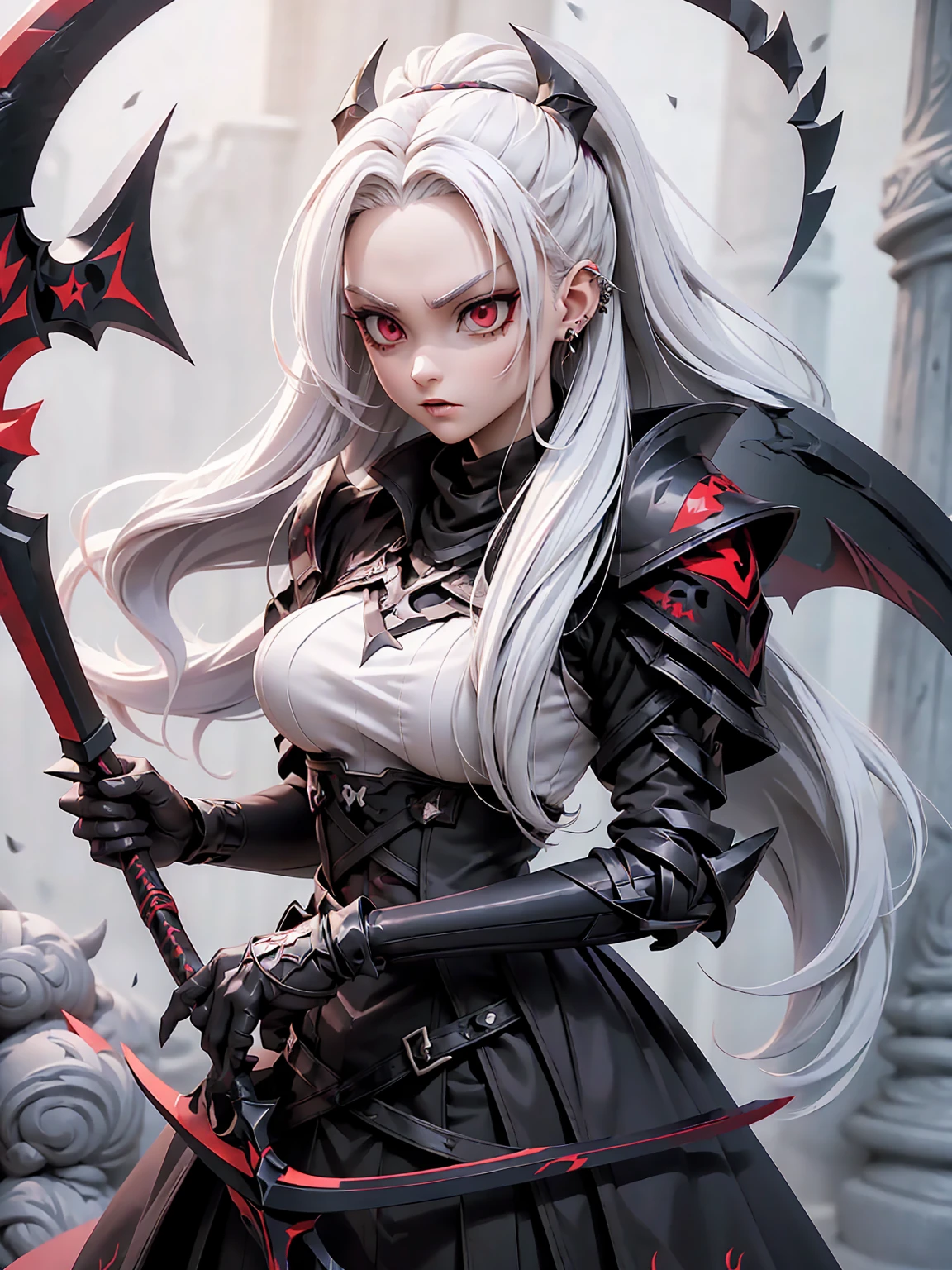  (((Masterpiece, best quality, 16k))) female character with long white hair and piercing red eyes. She wears a demonic armor in purple, black, and white.  wields a large, stylized scythe. The character has a menacing expression, with a chaotic environment as the background. ((full body front view)). ((slender)), (extremely detailed:1.5), (long white hair:1.2), (piercing red eyes:1.2), (chaotic environment:1.1), (demonic armor:1.3), (stylized scythe:1.3).