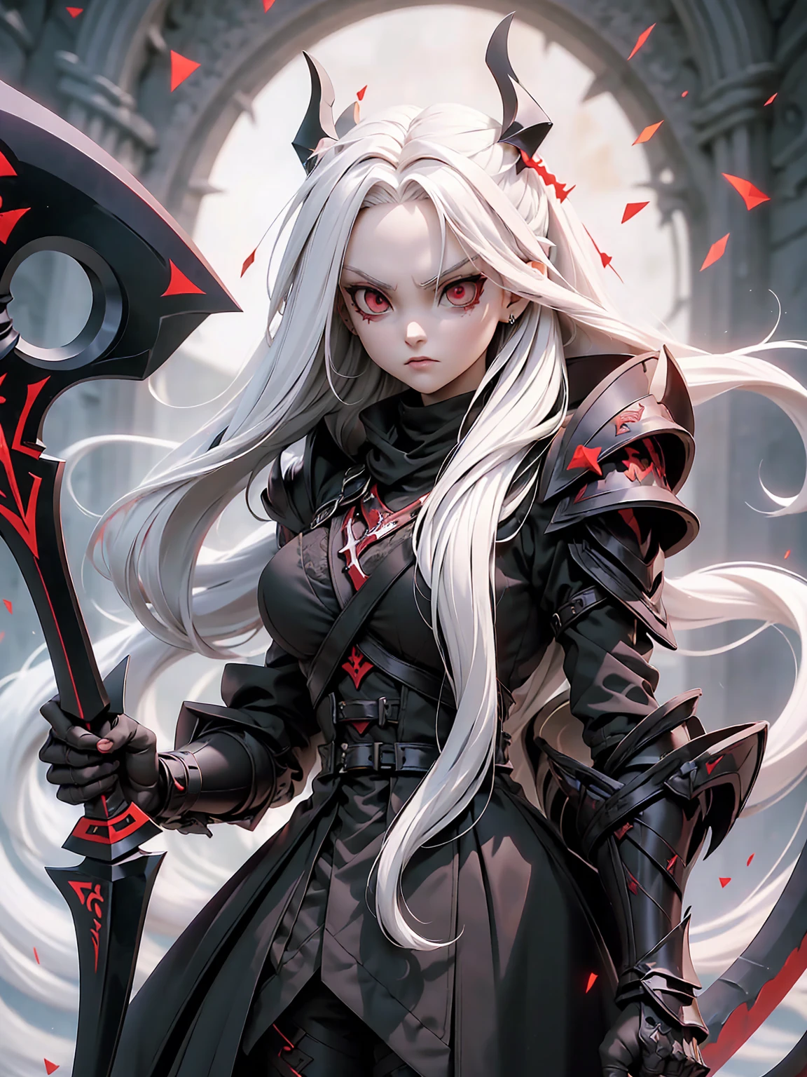  (((Masterpiece, best quality, 16k))) female character with long white hair and piercing red eyes. She wears a demonic armor in purple, black, and white.  wields a large, stylized scythe. The character has a menacing expression, with a chaotic environment as the background. ((full body front view)). ((slender)), (extremely detailed:1.5), (long white hair:1.2), (piercing red eyes:1.2), (chaotic environment:1.1), (demonic armor:1.3), (stylized scythe:1.3).