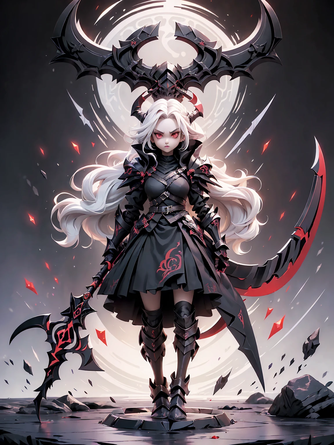  (((Masterpiece, best quality, 16k))) female character with long white hair and piercing red eyes. She wears a demonic armor in purple, black, and white.  wields a large, stylized scythe. The character has a menacing expression, with a chaotic environment as the background. ((full body front view)). ((slender)), (extremely detailed:1.5), (long white hair:1.2), (piercing red eyes:1.2), (chaotic environment:1.1), (demonic armor:1.3), (stylized scythe:1.3).