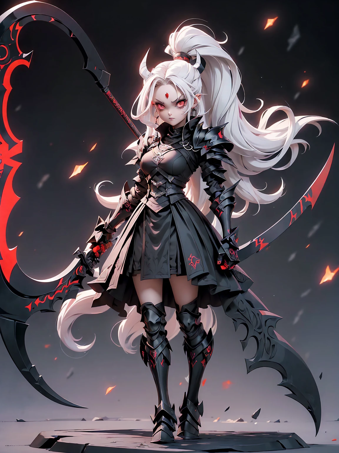 (((Masterpiece, best quality, 16k))) female character with long white hair and piercing red eyes. She wears a demonic armor in purple, black, and white. wields a large, stylized scythe. The character has a menacing expression, with a chaotic environment as the background. ((full body front view)). ((slender)), (extremely detailed:1.5), (long white hair:1.2), (piercing red eyes:1.2), (chaotic environment:1.1), (demonic armor:1.3), (stylized scythe:1.3).