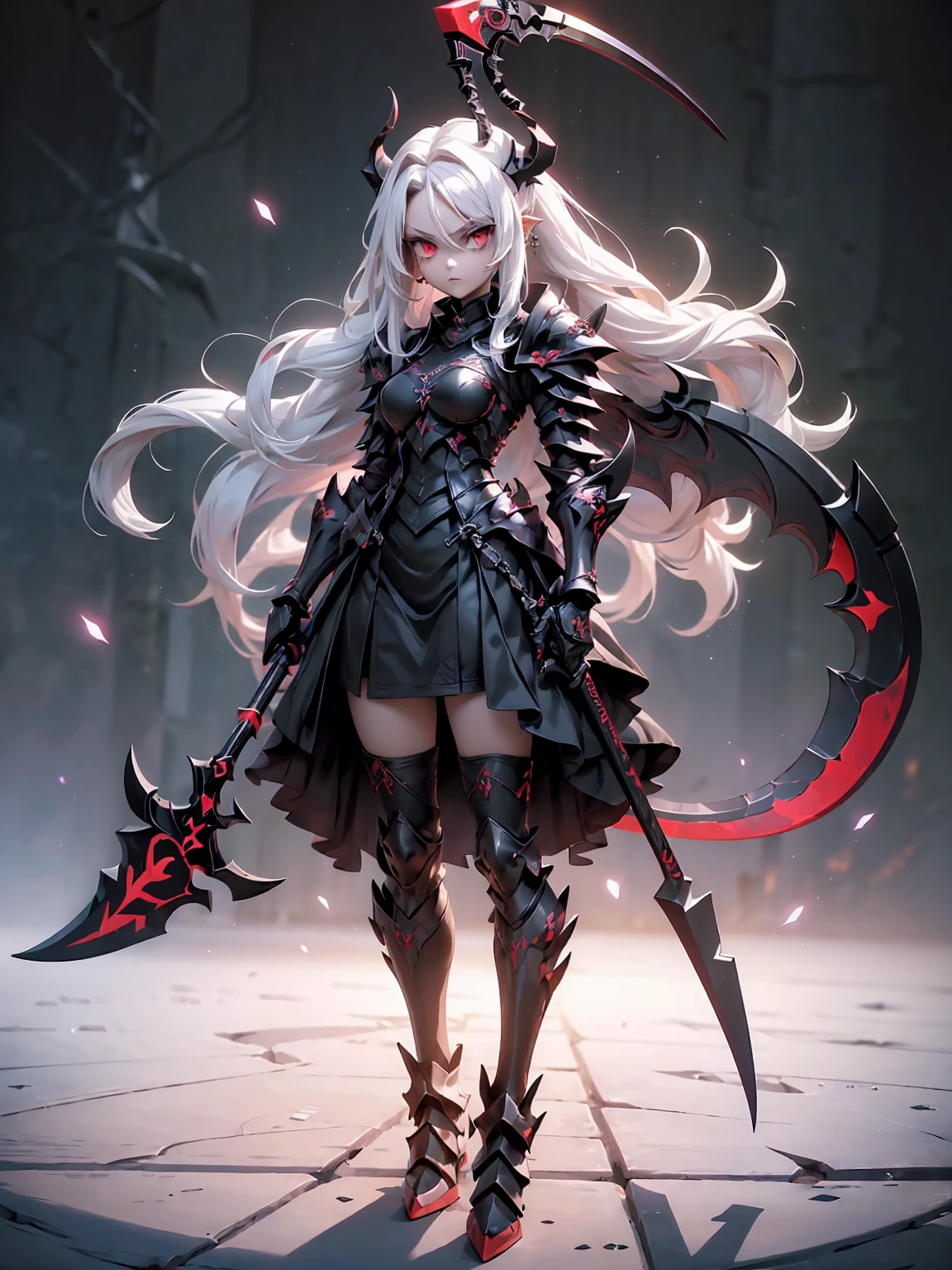 (((Masterpiece, best quality, 16k))) female character with long white hair and piercing red eyes. She wears a demonic armor in purple, black, and white. wields a large, stylized scythe. The character has a menacing expression, with a chaotic environment as the background. ((full body front view)). ((slender)), (extremely detailed:1.5), (long white hair:1.2), (piercing red eyes:1.2), (chaotic environment:1.1), (demonic armor:1.3), (stylized scythe:1.3).