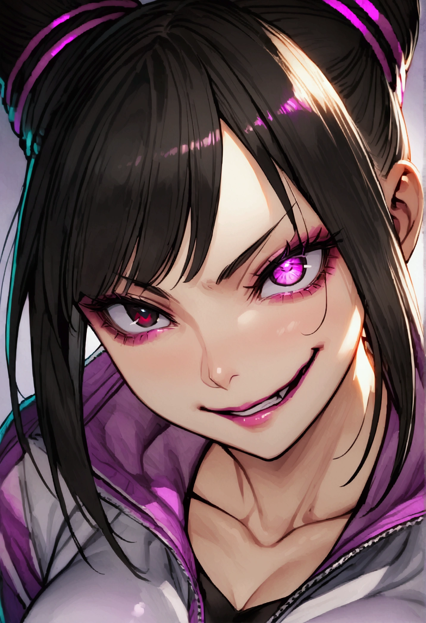 dark eye shadow,shining eyes,beautiful young fitness woman with , in a gym wearing May with black pantyhose, tight white and purple gym jacket. standing alone,hair horns,glowing purple eyes,Evil smile,legging preto ,labiaa,dark eye shadow,shining eyes,close up