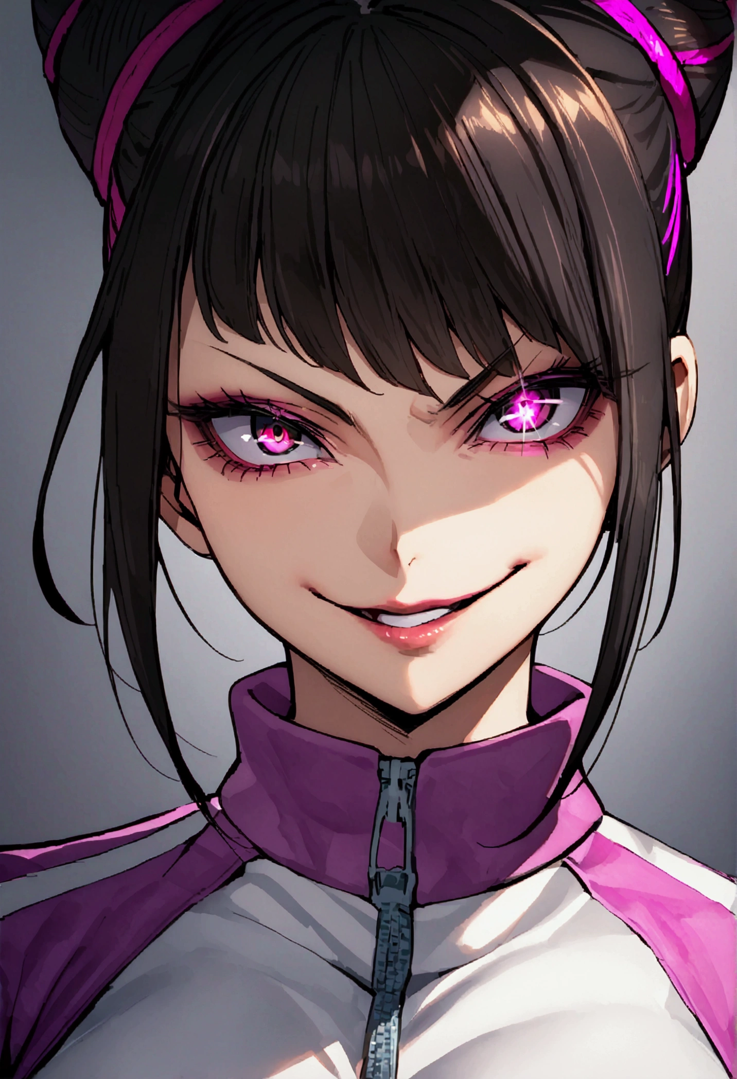 dark eye shadow,shining eyes,beautiful young fitness woman with , in a gym wearing May with black pantyhose, tight white and purple gym jacket. standing alone,hair horns,glowing purple eyes,Evil smile,legging preto ,labiaa,dark eye shadow,shining eyes,close up
