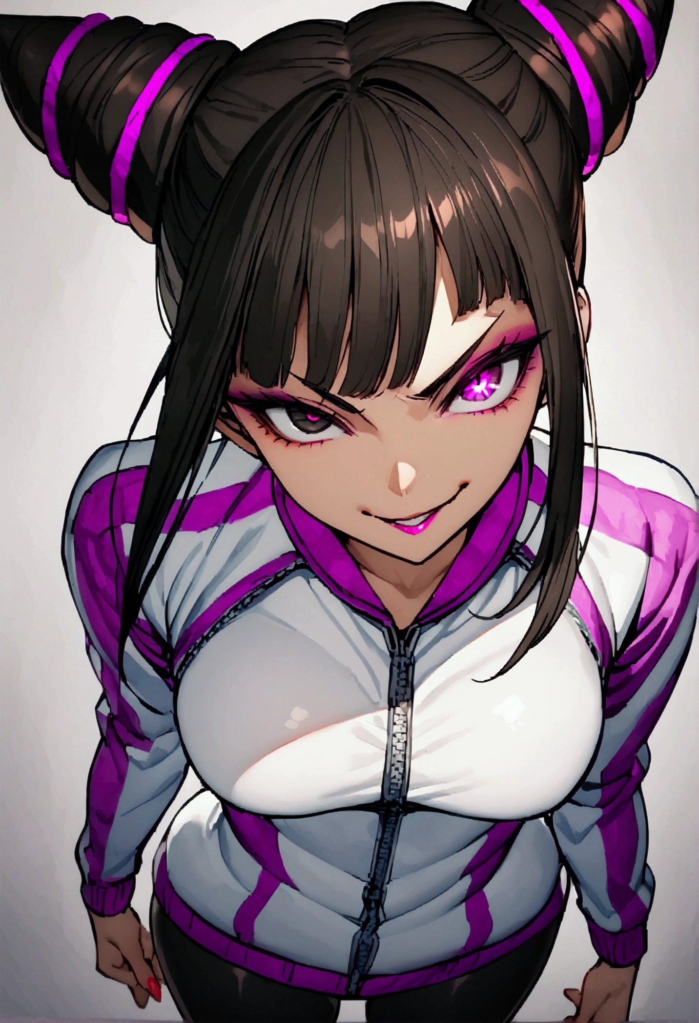 dark eye shadow,shining eyes,beautiful young fitness woman with , in a gym wearing May with black pantyhose, tight white and purple gym jacket. standing alone,hair horns,glowing purple eyes,Evil smile,legging preto ,labiaa,dark eye shadow,shining eyes,close up