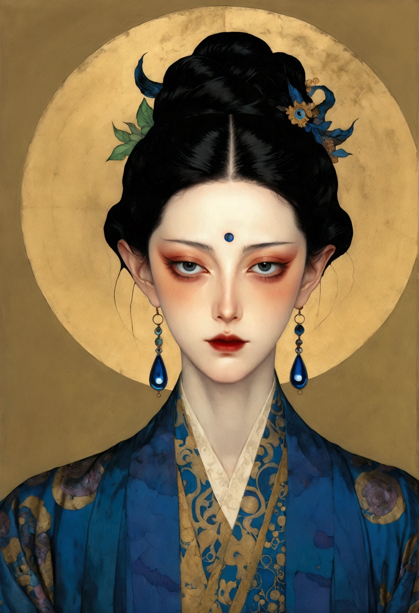 The art of math，Digital Illustration，Drawing，Decorative paintings，Watercolor，(((Harry Clark (Harry Clarke) style,圣地亚哥·卡鲁索style)))，Simple，clean，Fine painting style，(((The third eye on the forehead。short hair，Pointed ears，robe)))，Wide Angle，Black and blue，Solid color background，Human anatomy is correct