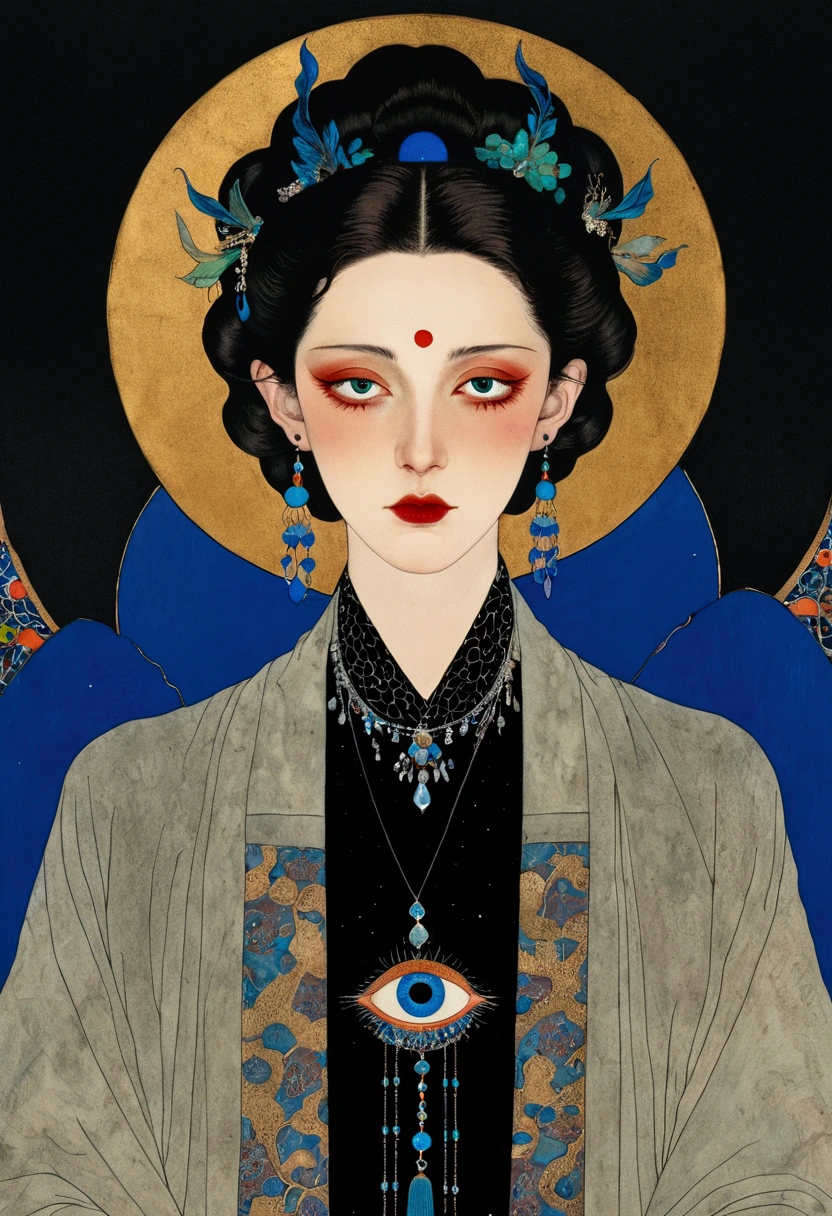 The art of math，Digital Illustration，Drawing，Decorative paintings，Watercolor，(((Harry Clark (Harry Clarke) style,圣地亚哥·卡鲁索style)))，Simple，clean，Fine painting style，(((The third eye on the forehead。short hair，Pointed ears，robe)))，Wide Angle，Black and blue，Solid color background，Human anatomy is correct