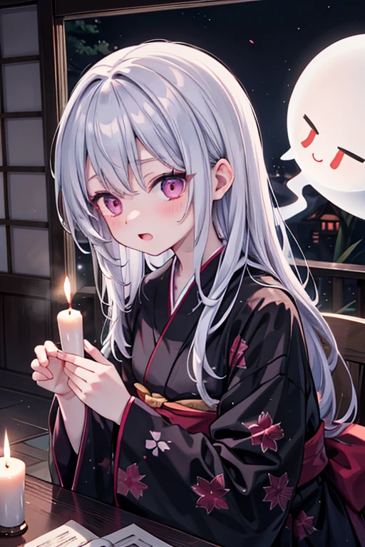 horror anime style, super fine illustration, masterpiece,best quality,highly detailed, dynamic angle, beautiful detailed, 8k, On a summer night, in Japanese-style room,scary ghost is having a feast. BREAK she talk about ghost stories around candles, having a horror time.Break kimono,score up_9,break psychic,trauma
