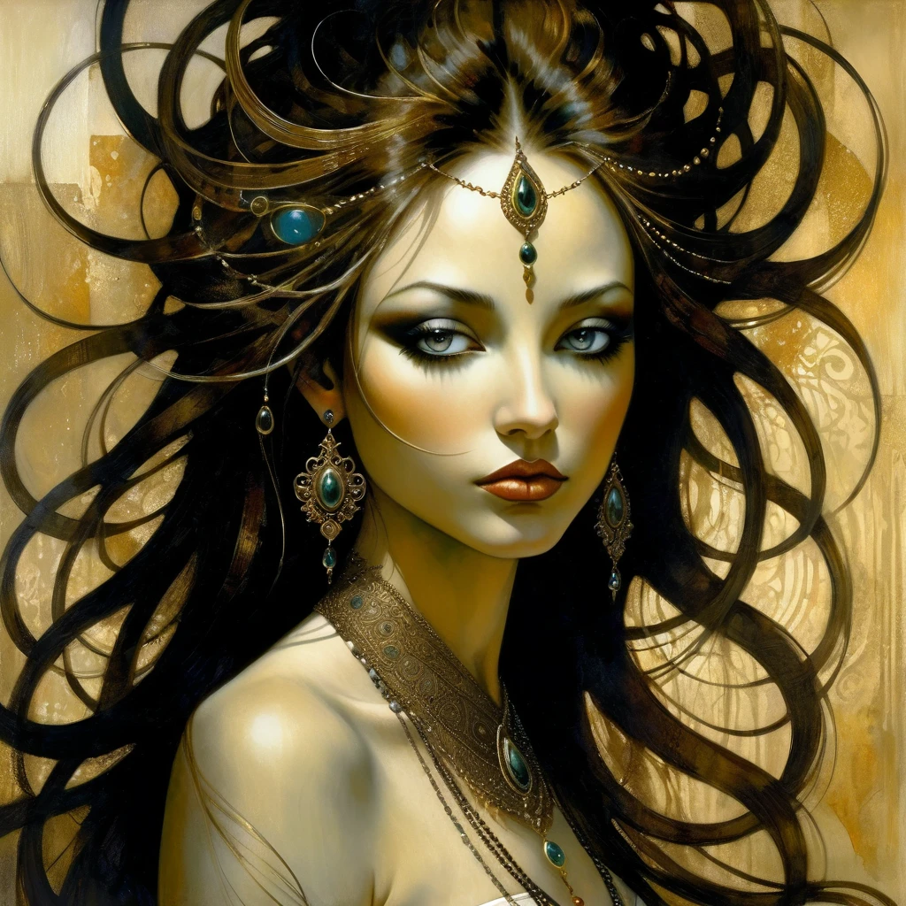 a beautiful goddess, detailed facial features, piercing eyes, elegant expression, flowing hair, graceful pose, intricate jewelry, inspired by Dave McKean, intricate details, oil painted