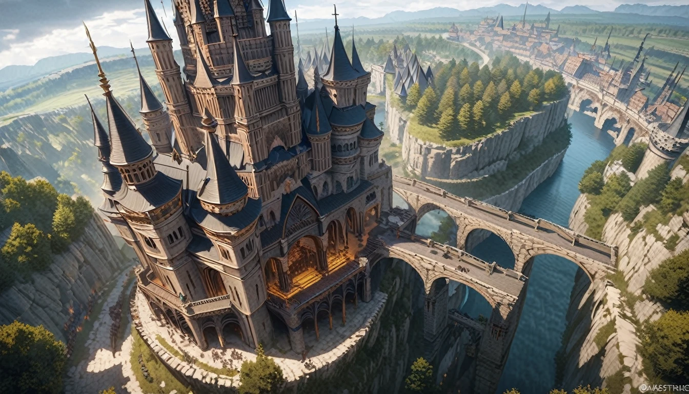 anime scenery, anime aestetics, gigantic castle, huge structure, medieval fantasy architecture, floating platforms, castle of final boss, shadow fortrest, very bright yellow bricks, epic structure, architectural masterpiece, elden ring fanart, elden ring architecture, dark fantasy, wide shot, from above, from outside, perspective, atmospheric perspective, highres, 8k, best quality, super detail, award winning, masterpiece