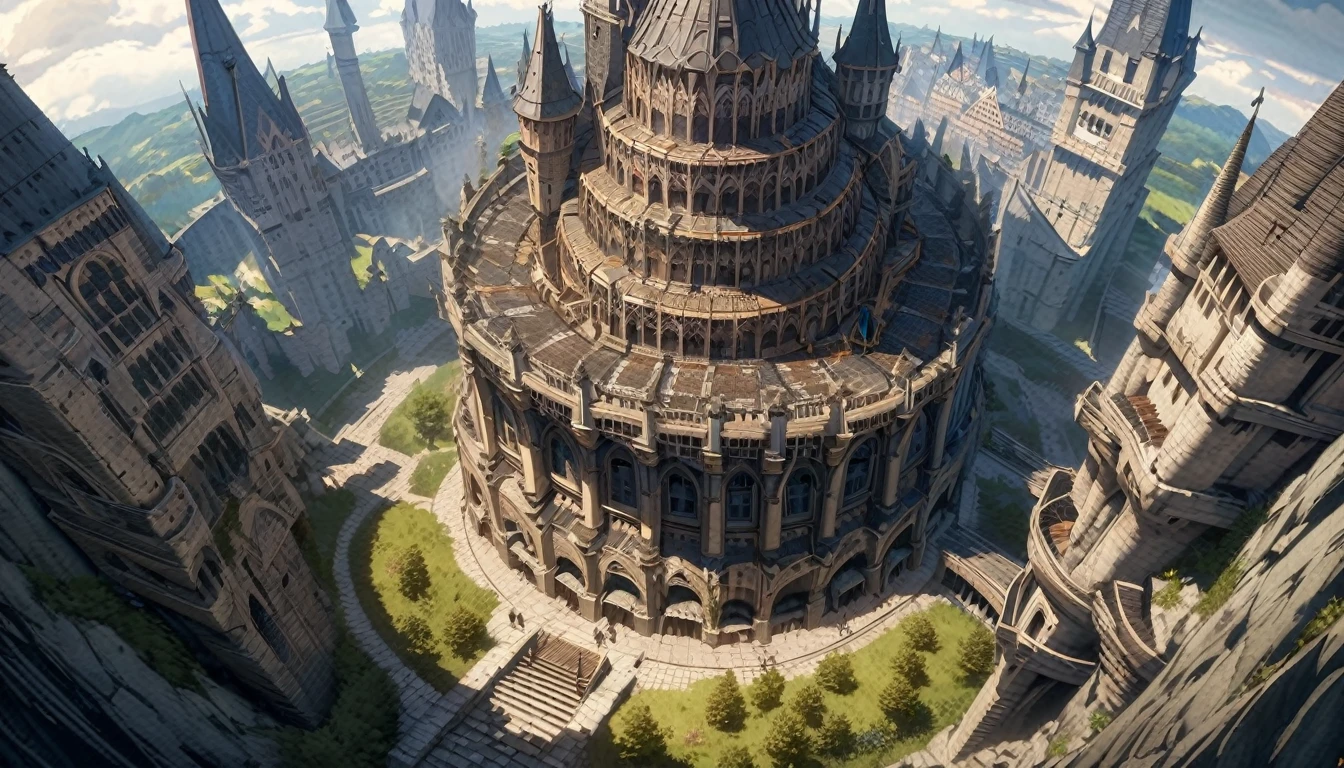 anime scenery, anime aestetics, gigantic castle, huge structure, medieval fantasy architecture, floating platforms, castle of final boss, shadow fortrest, very bright yellow bricks, epic structure, architectural masterpiece, elden ring fanart, elden ring architecture, dark fantasy, wide shot, from above, from outside, perspective, atmospheric perspective, highres, 8k, best quality, super detail, award winning, masterpiece