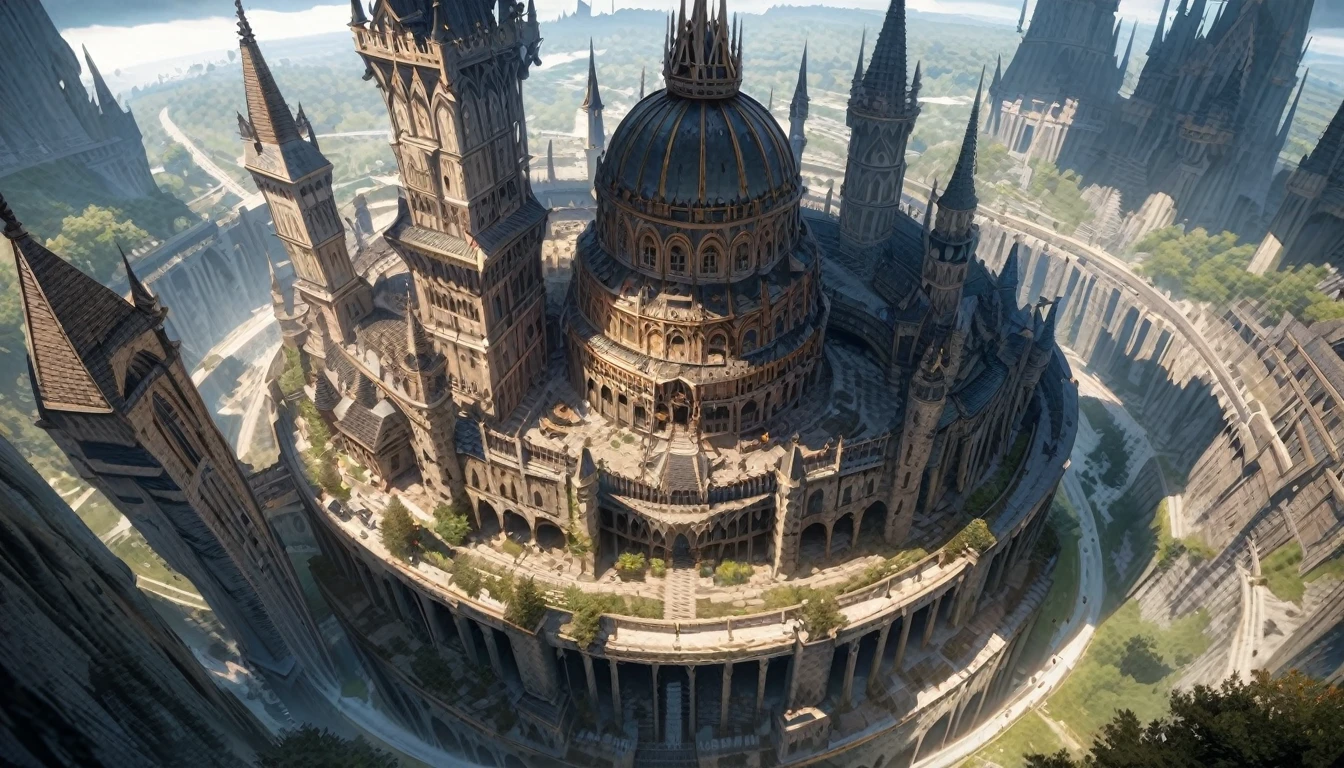 anime scenery, anime aestetics, gigantic castle, huge structure, medieval fantasy architecture, floating platforms, castle of final boss, shadow fortrest, very bright yellow bricks, epic structure, architectural masterpiece, elden ring fanart, elden ring architecture, dark fantasy, wide shot, from above, from outside, perspective, atmospheric perspective, highres, 8k, best quality, super detail, award winning, masterpiece