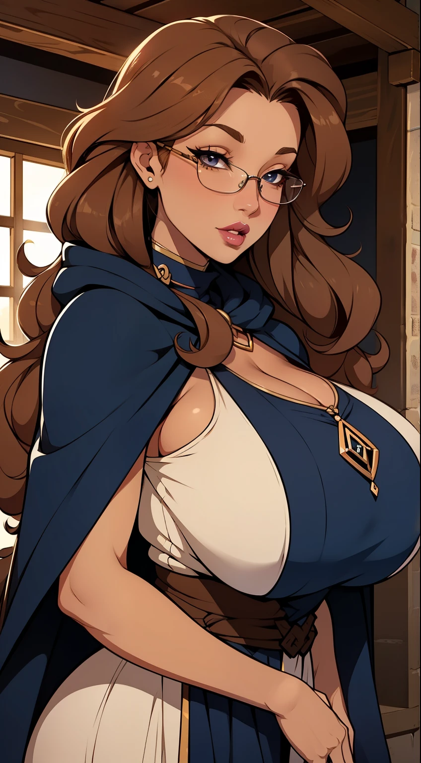 Solo, female, tan skin, curly hair, (((long hair))), light mahogany hair, lipstick, eyeliner, eyelashes, thick eyelashes, big breasts, linen tunic, (navy cloak), glasses, naughty, fantasy village, mature female