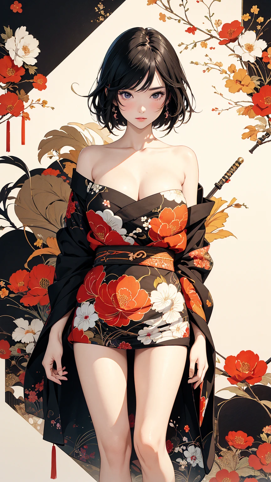 (masterpiece, High resolution, Highest quality), 20-year-old woman, Seductive posing, Japanese patterned haori:1.2, Petal Collage, abstract design, artistic juxtapositions, And handle background, warm color, mixed-media approach, Anime Style, Simple lines, Digital Painting,