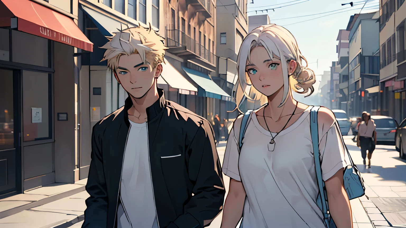 ((best qualityer)), ((work of art)), (detailded), 1 teenage man, white  hair, stark, blue colored eyes, walking in street, accompanied by an asolescent woman, hair blonde, greeneyes, luxury casual clothes