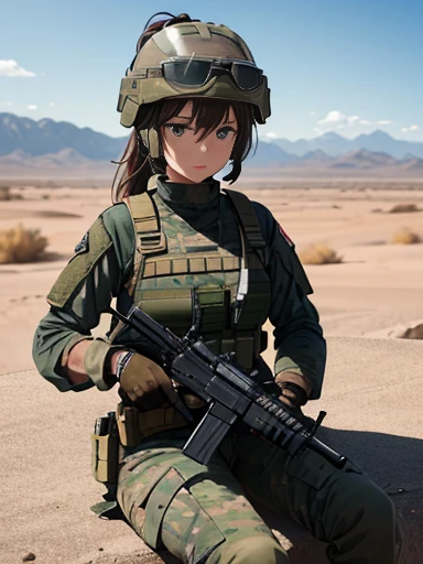 Best quality, 8k, ultra-detailed image of a solo female soldier in an anime style, resting during a break from battle. She is sitting against a meticulously rendered tank, her green eyes focused on the horizon. Her long ponytail flows freely over her shoulder, and her camouflage uniform is crisp and clean, adorned with dog tags and boots. The high contrast between the sun-soaked tank and the softly lit desert landscape adds depth to the ultra-detailed background. The soldier's rifle leans against the tank, and her helmet is held in her lap as she takes a moment to unwind. Clouds scatter across the sky, and the sun casts long shadows over