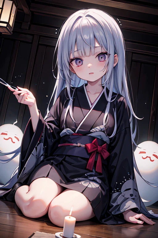 horror anime style, super fine illustration, masterpiece,best quality,highly detailed, dynamic angle, beautiful detailed, 8k, On a summer night, in Japanese-style room,scary ghost is having a feast. BREAK she talk about ghost stories around candles, having a horror time.Break kimono,score up_9,break psychic,trauma,Sadako from TV
