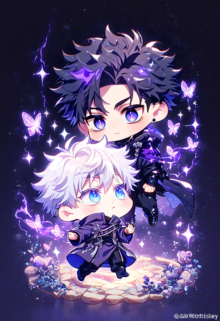 absurdres, highres, ultra detailed, HDR, master piece, best quality, Gojou Satoru chibi, white hair, expressive blue eyes, white eyelashes, Jujutsu Kaisen, Wriothesley chibi, black hair, expressive red eyes, two boys together, yaoi, gay couple, cute, black coat, dark purple coat, fantasy, magical, sparkling, shining, purple lightning, floating round lights, starry sky, void, purple butterflies, purple moon
