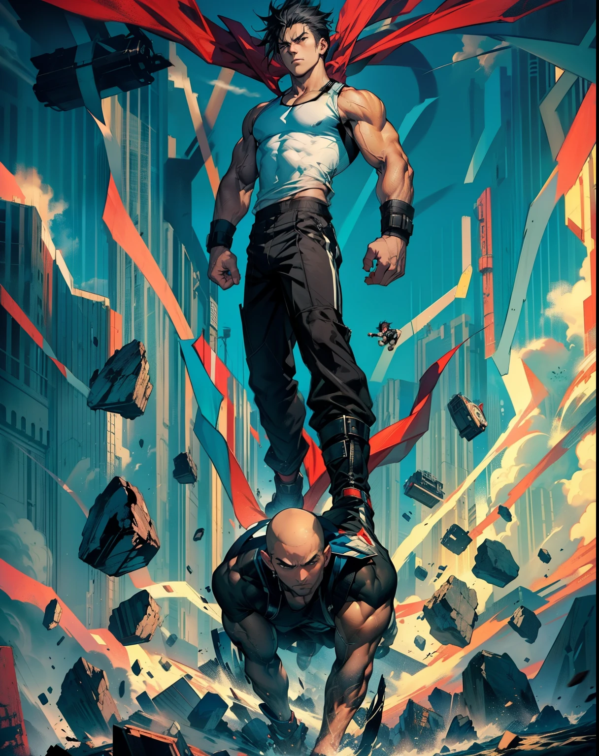 boys 26 Years old, Serious face, ((black singlets)), black pants, black hair, floating on air, levitate on sky, blue sky, cloud
