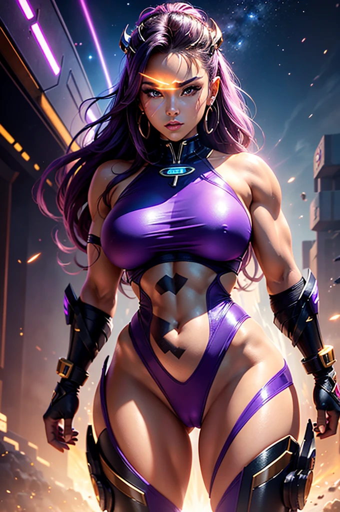 A perfect sexy and beautiful, exuberant and very young cybernetic android warrior with black African and oriental features, Japanese and Chinese, mixed with the clone of the Greek warrior goddess Athena, with huge super ultra mega giant breasts, Brunetette, very tanned and sweaty, huge  ass, steep, HARD AND MUSCULOUS, purple eyes, transformed into a super sensual and extremely super ULTRA HIPER muscular astronaut, fitness, bodybuilder, fit bodybuilder and weightlifter, very muscular thighs wearing very short punk style hair, super radical and purple and very smooth in locks, wearing sexy cyberpunk battle outfits, seen in the form of a hologram made only of light energy, coastal view, administrator and leader, queen goddess of a gigantic fleet of thousands of spaceships and hundreds of planets of her mighty star empire running boldly across the bridge of a star cruiser