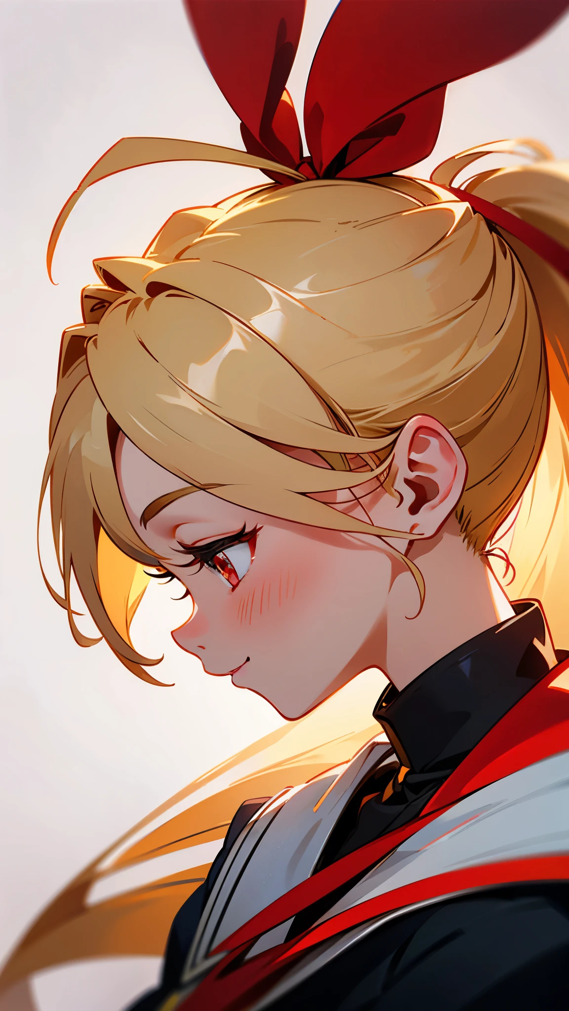 1 girl、Blonde ponytail、Red ribbon、Ahoge、Big round red eyes、smile、profile、Upper body close-up