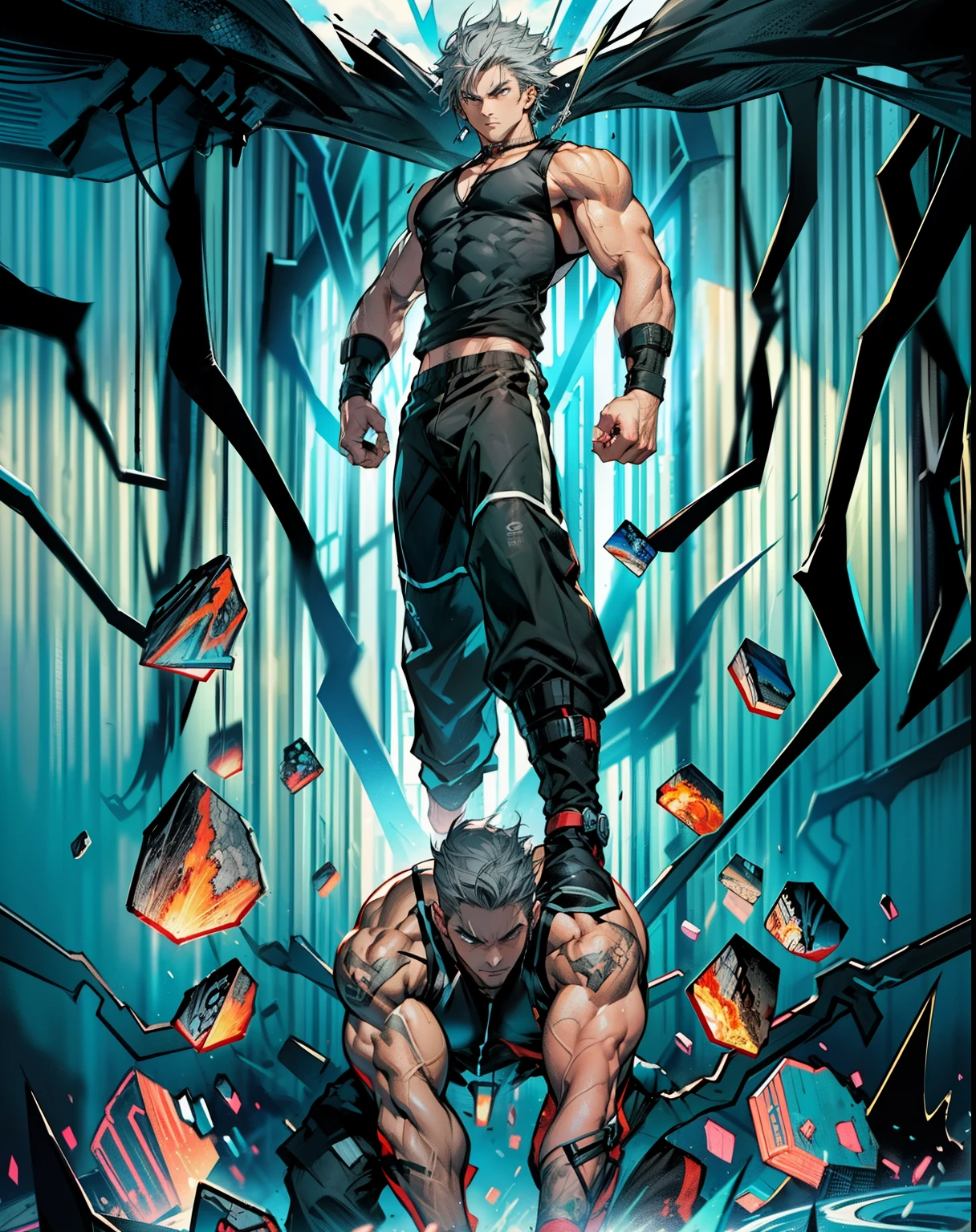 boys 26 Years old, Serious face, ((black singlets)), black pants, gray hair, floating on air, levitate on sky, blue sky, cloud