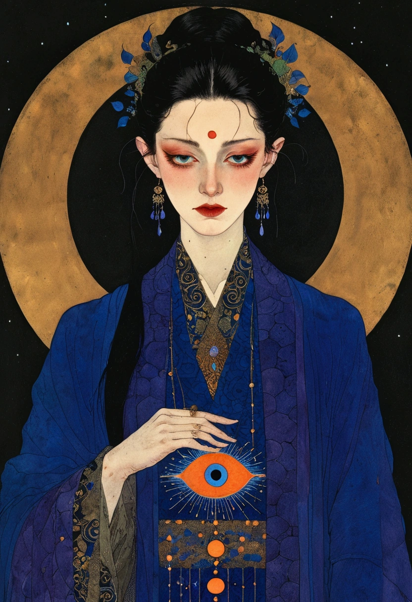 The art of math，Digital Illustration，Drawing，Decorative paintings，Watercolor，(((Harry Clark (Harry Clarke) style,圣地亚哥·卡鲁索style)))，Simple，clean，Fine painting style，(((The third eye on the forehead。short hair，Pointed ears，robe)))，Wide Angle，Black and blue，Solid color background，Human anatomy is correct