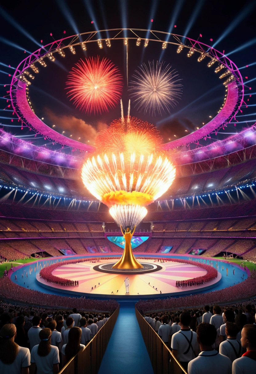 Olympic Games, Olympic Opening Ceremony, full body, cinematic still, (best quality, masterpiece, photorealistic), very aesthetic, perfect composition, intricate details, ultra-detailed, vivid colors