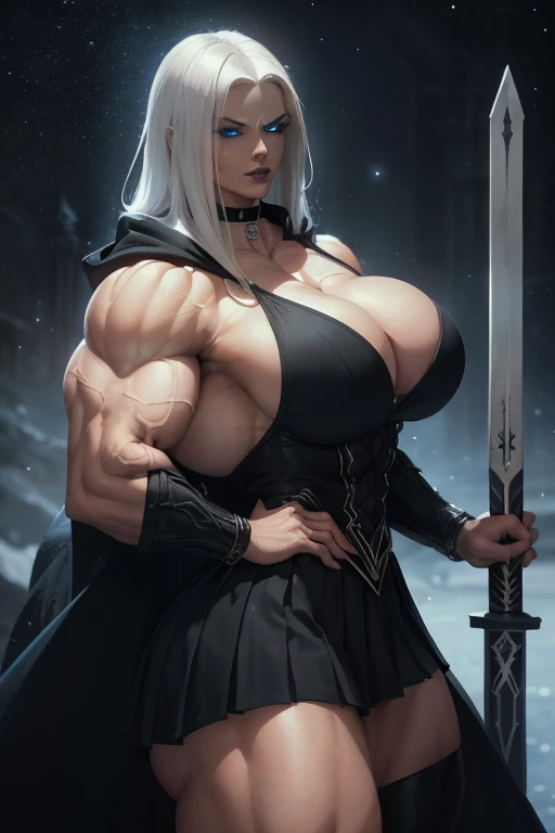 ((Close-up)), tall, (White hair) beautiful muscular woman, long straight hair, light brown skinned, closed smile, big breast, (black lipstick), (massive muscles), (hyper muscle), ((ginormous bulky muscles)), glowing blue eyes, ((black hooded coat and long pleated skirt)), (carrying a giant ice sword), choker, thigh high boots, (Dark and moody universe:1.3)