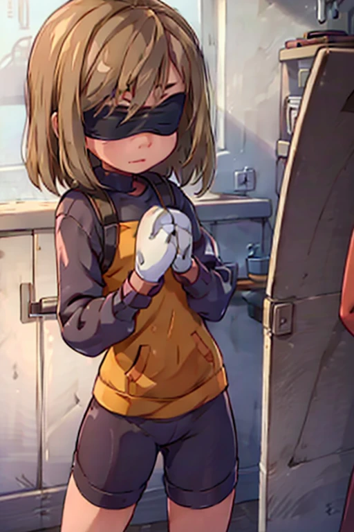 girl in spandex booty shorts, wearing oven mittens tucked in pockets, blindfold