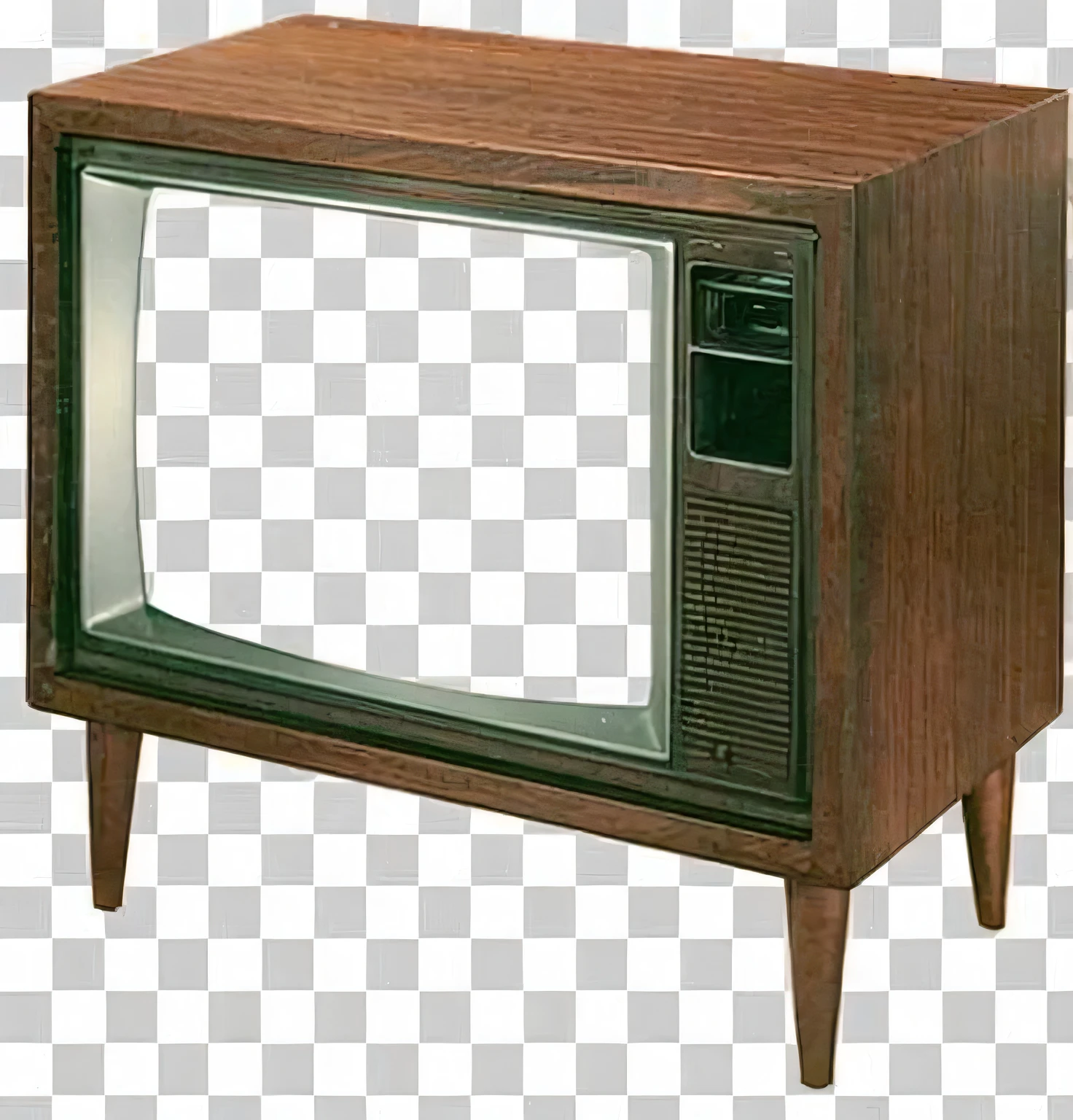 
et in a retro style room, retro 50s TV front, green screen, with a cup of coffee on the side and video game posters behind, orange green and brown colors, girl with short cut hair, realistic