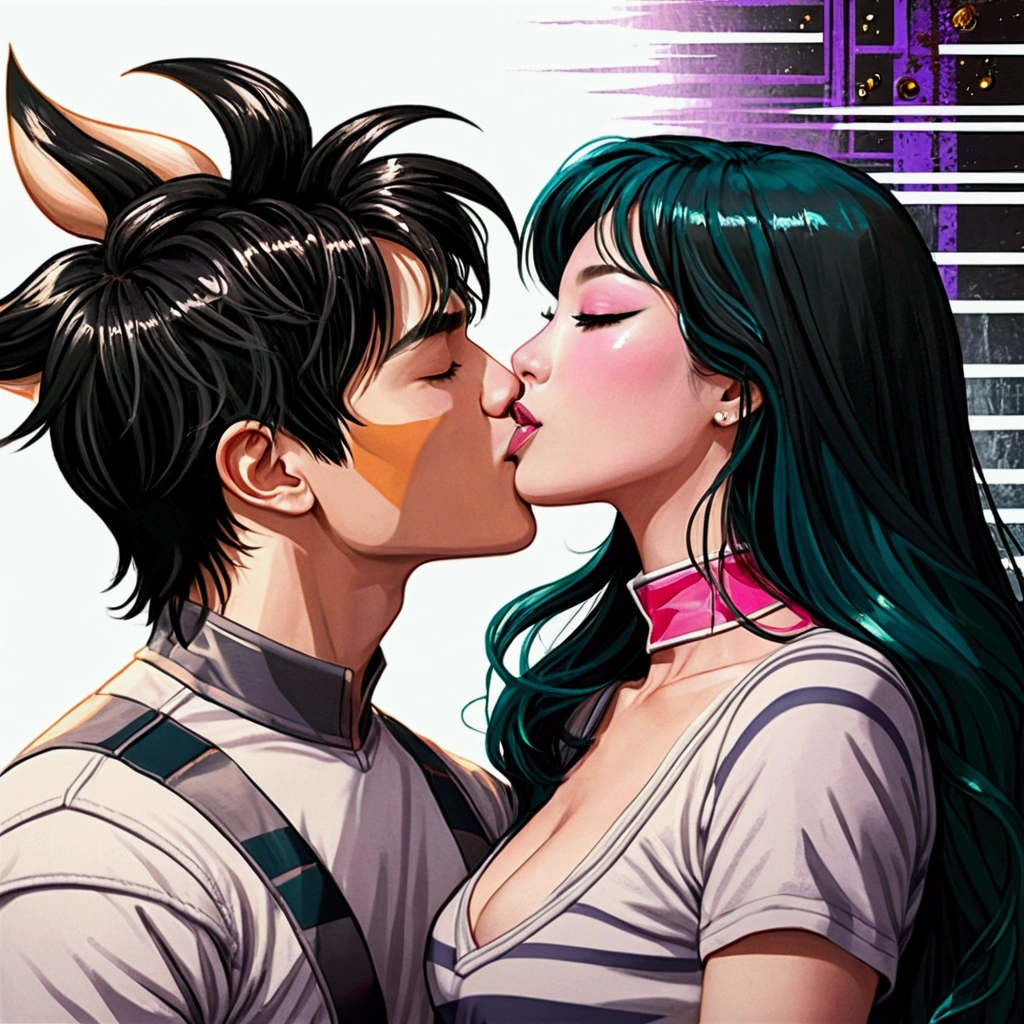 Amazing portrait of a sexy woman dressed in a black and white striped t-shirt and a dark green skirt kissing and kissing passionately with a shirtless guy in bed in an intimate setting