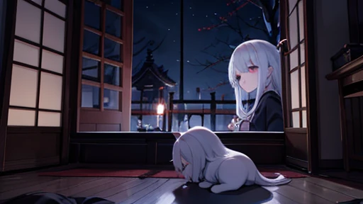 horror anime style, super fine illustration, masterpiece,best quality,highly detailed, dynamic angle, beautiful detailed, 8k, On a summer night, in Japanese-style room,scary ghost is having a feast. BREAK she talk about ghost stories around candles, having a horror time.Break kimono,score up_9,break psychic,trauma,scary ghost face,Break black cat,Broken Window,